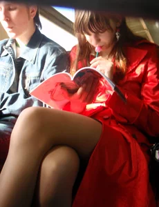 Sexy girls in skirts, stockings and upskirts on the train