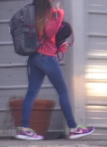 Girl next door teen walking to car in various tight jeans