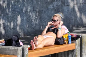 Blonde milf looking sexy in Hello Kitty bikini with nice mound and camel toe