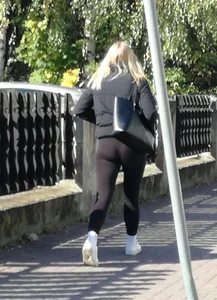 Shapely blonde in black leggings