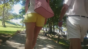 Milf in yellow shorts with vpl and a wedgie