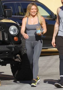 Hilary Duff in grey tights leaving Alfreds Coffee in Studio City