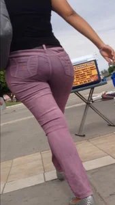 Black babe with a nice ass in tight jeans and vpl
