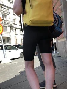 Hot candid blonde wearing spandex shorts with awesome slim legs