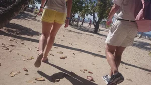 Milf in yellow shorts with vpl and a wedgie