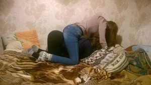 Teen Girls in Jeans Fooling Around in Bed Home Creepshot