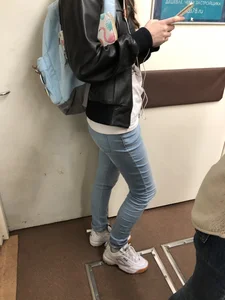 Skinny Legs in Tight Jeans and Leather Jacket Subway Train Candid