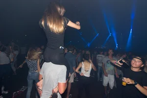 Girl Sitting on Guy's Shoulders at a Concert VPL Candid Photos