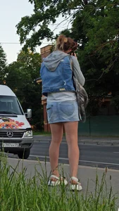 Candid Girl in a Denim Skirt And Sandals Suburban Street Creepshot