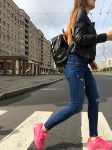 Hot Girl in Tight Blue Jeans And Bright Pink Sneakers on a Crosswalk Street Booty Creepshots Collection