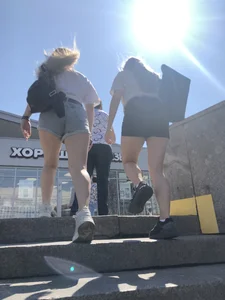 Stocky Girls in Denim Shorts on the Street Stairs Nice Legs Candid Photos