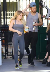 Hilary Duff in grey tights leaving Alfreds Coffee in Studio City