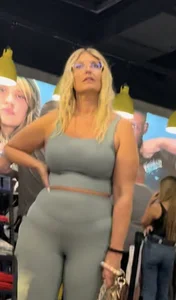 Plump Dumpy Blonde MILF in turquoise two-piece Spandex