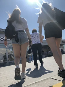 Stocky Girls in Denim Shorts on the Street Stairs Nice Legs Candid Photos