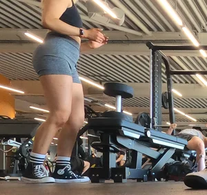 Cute gym blonde with orange hair ribbon