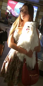 Girl in Flowery Dress with Sexy Thin Legs and a Cute Dog in Her Hands Airport Candid