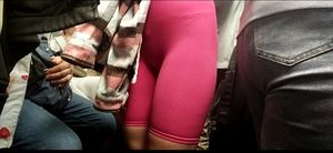 Incredible candid chick in a top and tight spandex shorts subway creepshots