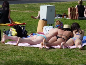 Girls in Swimsuits Sunbathing in the City Park Candid Photo