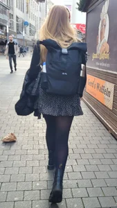 Blonde Teen With a Backpack in a Skirt And Black Pantyhose Street Creepshot