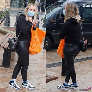 Blonde teen’s juicy booty in wet look leggings!