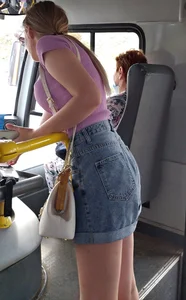 Girl in Denim Shorts with Hot Thin Legs on the Public Bus Creepshots