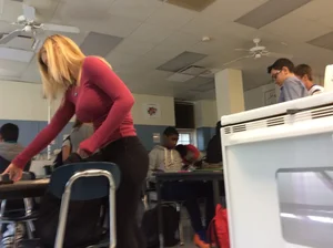 Cute Blonde College Teen in Leggings, Big Boobs