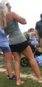Blonde Candid Milf in Shorts and Sandals in a Park Creepshots Gallery