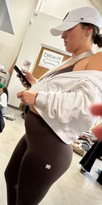 Brunette college PAWG in maroon leggings from every angle