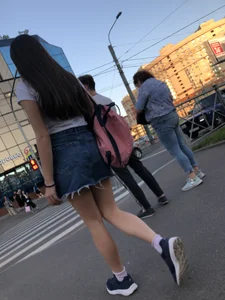 Girl in Denim Skirt with Hot Skinny Legs Street Candid