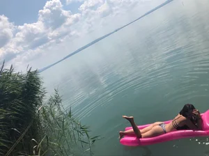 Sexy Candid Girl in Swimsuit Lying on a Swimming Mattress Lake Creepshot