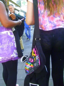 See through leggings girl with a nice ass and purple patterned panties