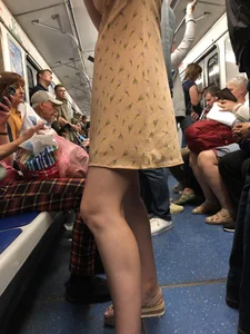 Cute Girl in a Dress with Skinny Legs in Sandals Subway Train Candid Photo
