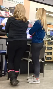 Thick blonde mom and daughter in tight leggings