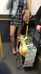 Cute Girl in a Dress and Denim Jacket with Sexy Legs in Sandals Bus Candid Gallery