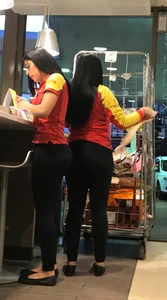 Convenience store employee with a sexy big ass in leggings