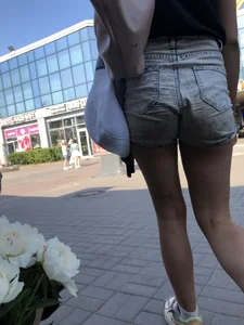 Teen in Denim Shorts Walking up the Stairs Closeup Creepshots