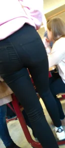 Skinny College Teen's Booty in Tight Black Jeans, Creepshot in Class