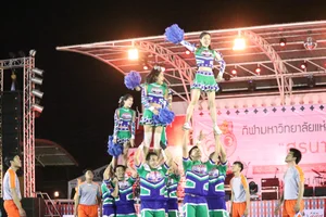 Bunch of athletic Thai cheerleaders at a competition