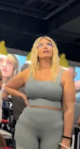 Plump Dumpy Blonde MILF in turquoise two-piece Spandex