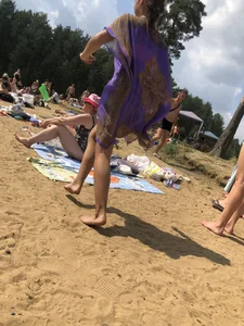 Barefoot Girl in a Dress Running Past Camera at a Beach Series
