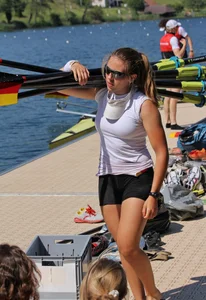 Sexy row girls in tight tops and spandex shorts