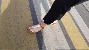 Feet in Sandals Closeups - Girl at the Crosswalk Street Creepshots