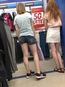 Redhead in Sandals and Skirt with Skinny Legs Candids