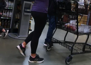 Big boobed brunette in leggings grocery shopping with a nice ass too