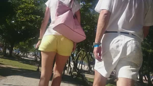 Milf in yellow shorts with vpl and a wedgie