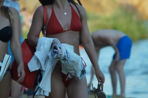 Amazing Girl in Red Swimsuit and Sunglasses with Small Breast Walking on the Beach Hot Creepshots