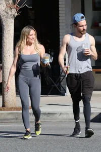 Hilary Duff in grey tights leaving Alfreds Coffee in Studio City