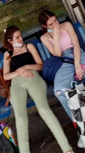 She noticed my Cam?! 2 Ukraine Girls! Latex green tight pants! Super Ass! Looking in Cam!