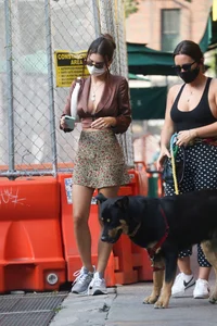 Emily Ratajkowski in mini skirt out for a walk with a friend in New York