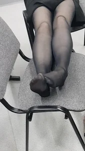 College Girl Sitting Shoeless with Her Feet on Chair in Black Pantyhose Classroom Creepshots